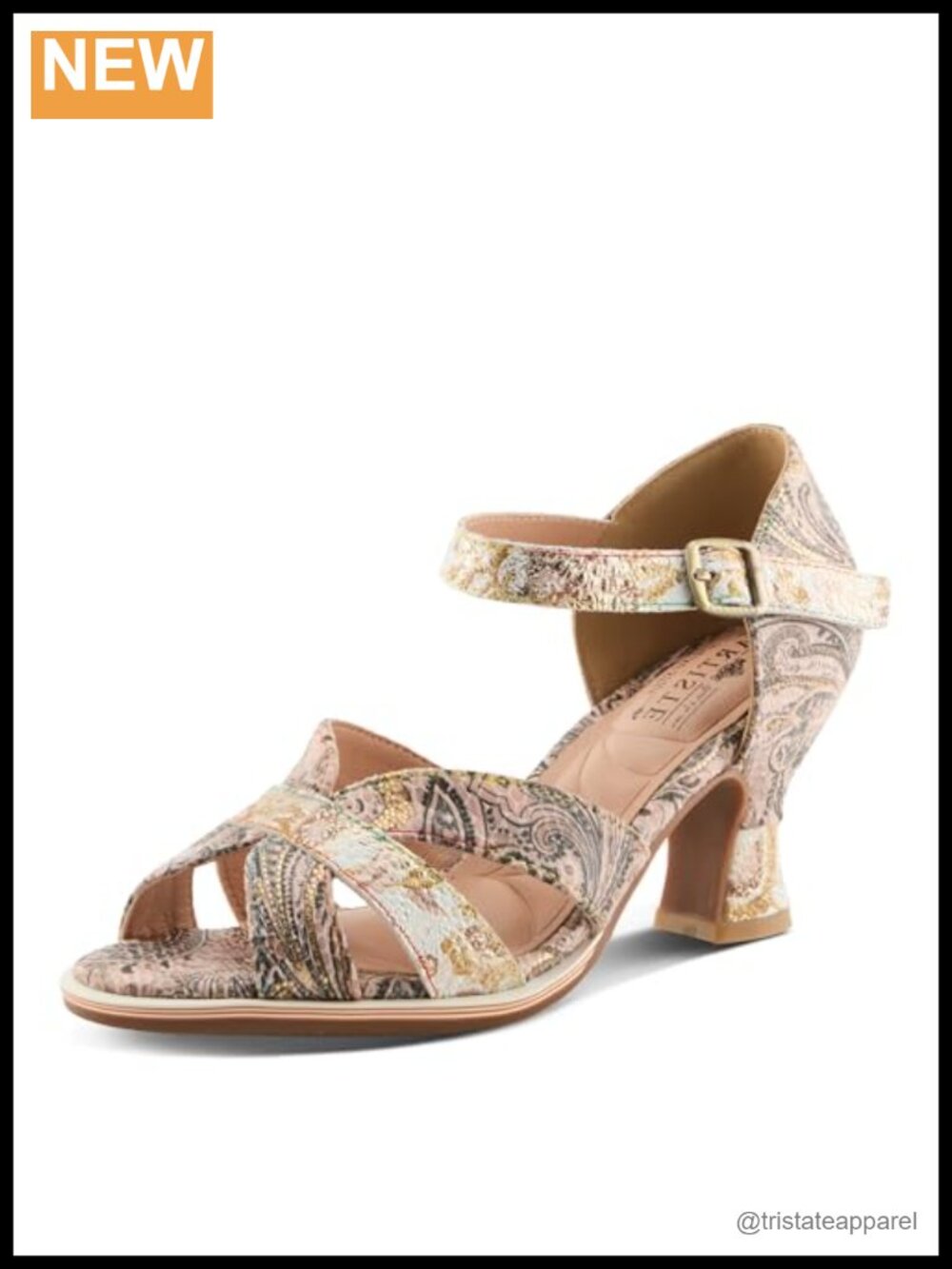 L'Artiste Embossed Leather Paisley Sandal 3.25 in Sculpted Heel Ankle Strap